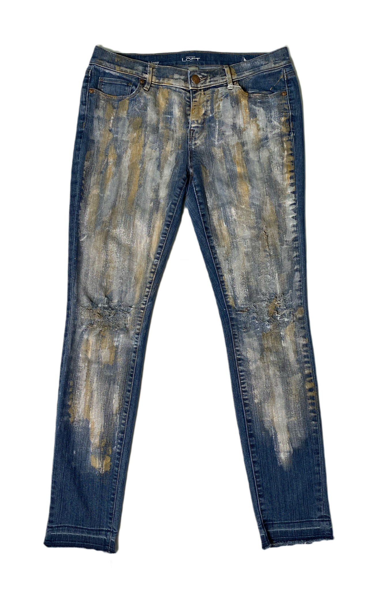 REFRESHED- Ann Taylor LOFT Hand Painted Denim JeansRefreshed- Ann Taylor LOFT distressed hand painted metallic silver and gold denim jeans. Cute with chunky heels for a fun night out!