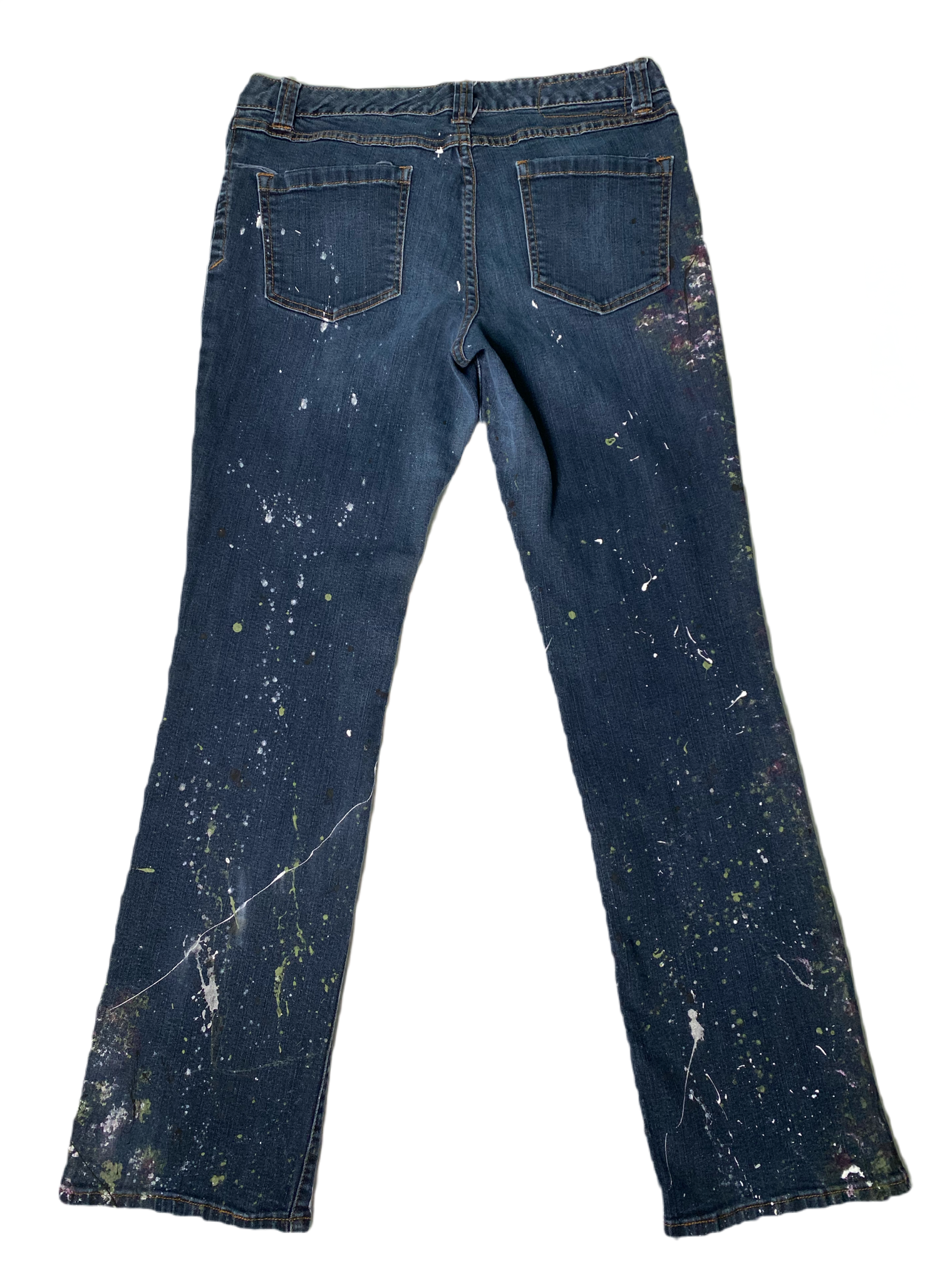 REFRESHED - INC Hand Painted Dark Denim Jeans Size 12 Get ready to make a statement with these REFRESHED dark denim jeans from INC. Featuring a slight flare leg and