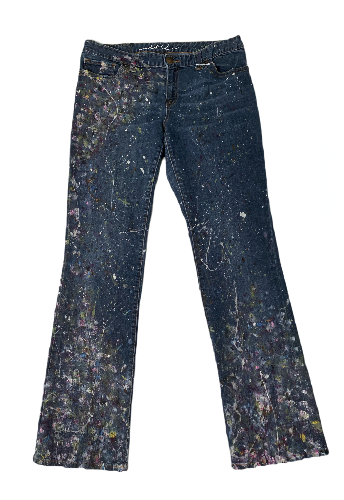 REFRESHED - INC Hand Painted Dark Denim Jeans Size 12 Get ready to make a statement with these REFRESHED dark denim jeans from INC. Featuring a slight flare leg and