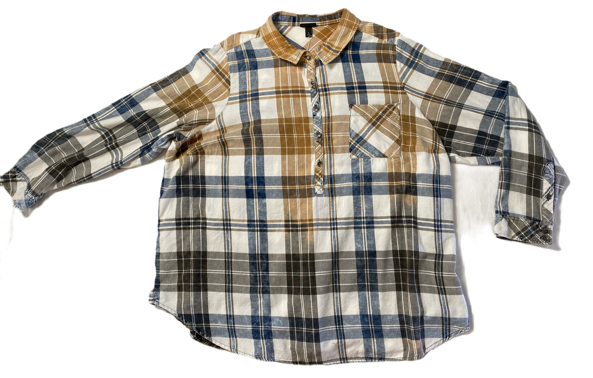 REFRESHED - Torrid Hand Bleached Flannel Shirt Refreshed - Torrid hand bleached long sleeve plaid flannel. Button neck with collar.