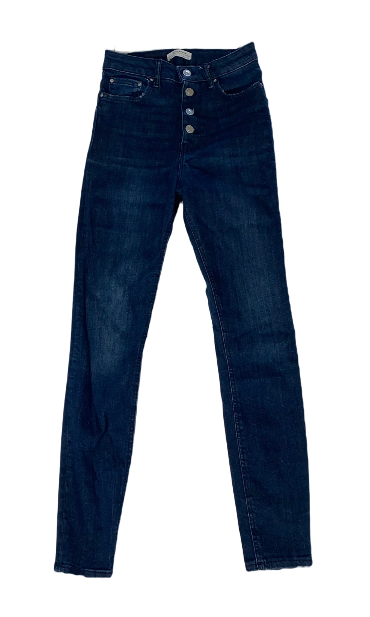 Zara Woman Premium Denim Collection High Rise Jeans Dark denim, button front high rise jeans.