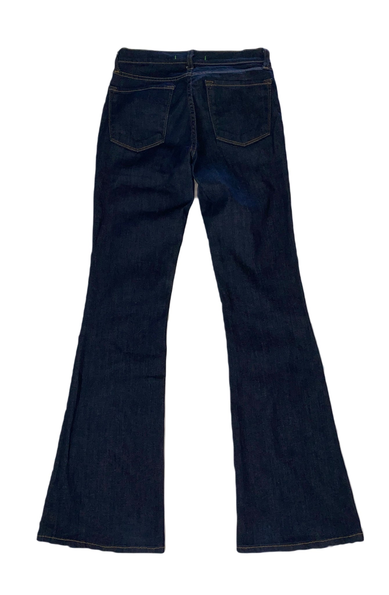 J Brand Dark Denim Flare Leg Jeans Dark blue denim jeans with flare legs and pockets.