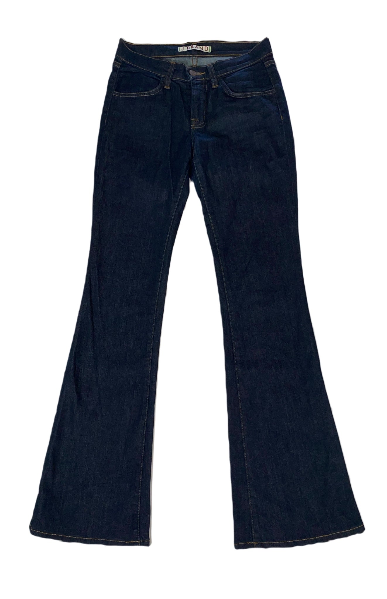 J Brand Dark Denim Flare Leg Jeans Dark blue denim jeans with flare legs and pockets.