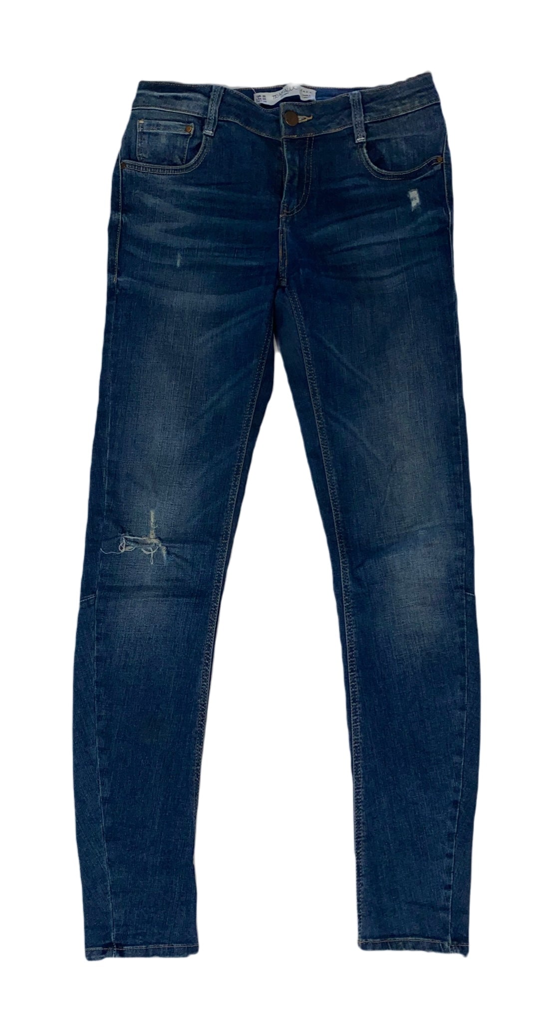 Zara Trufaluc Dark Skinny Jean Dark wash distressed skinny blue jeans.