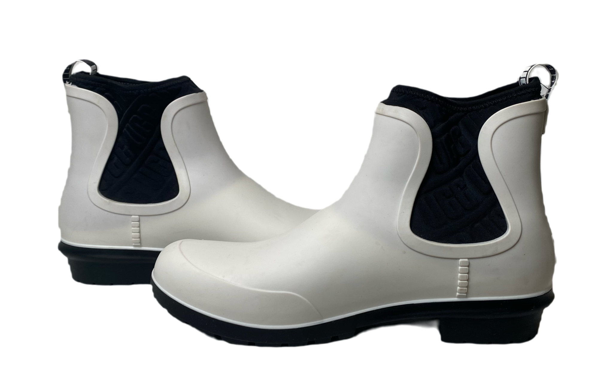 UGG Chelsea Style White Rubber Boots Size 9  These White Rubber UGG Boots are the perfect blend of style and comfort. With a sleek Chelsea design and a durable rubbe