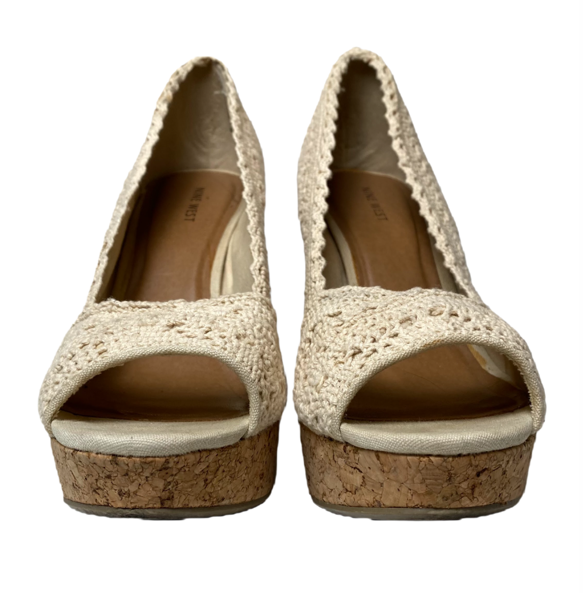 Nine West Cream Lace Cork Wedges Nine West cream lace peep toe cork wedges.
 