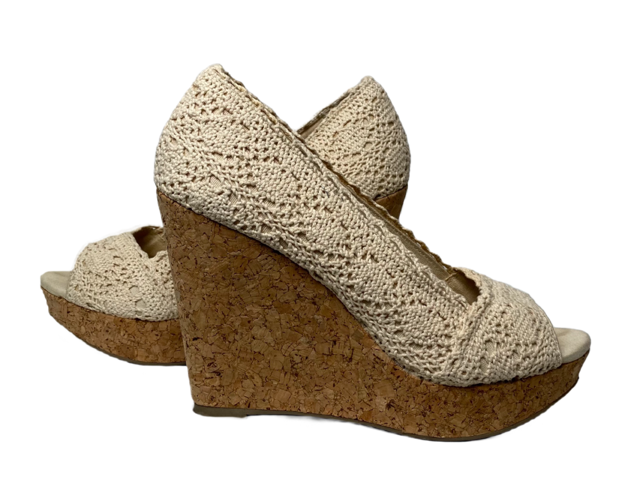 Nine West Cream Lace Cork Wedges Nine West cream lace peep toe cork wedges.
 