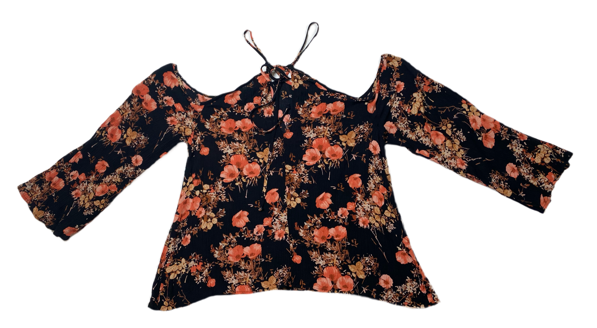 Mossimo Black Floral Print BlouseMossimo Supply Co black floral print top with hater type neck and cold shoulder sleeves.
Pair this with denim shorts and black sandals for a beach day with friends!