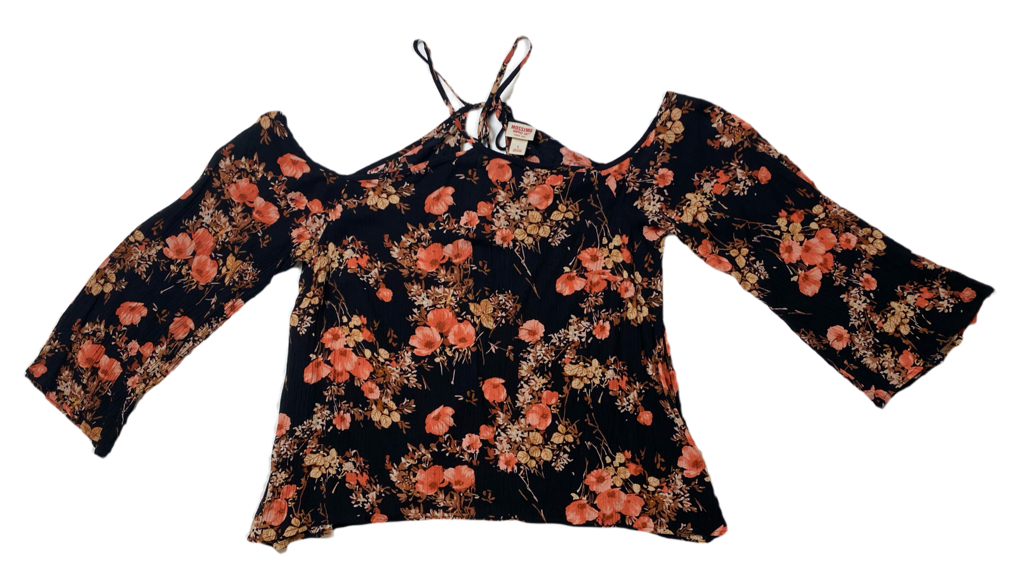 Mossimo Black Floral Print BlouseMossimo Supply Co black floral print top with hater type neck and cold shoulder sleeves.
Pair this with denim shorts and black sandals for a beach day with friends!