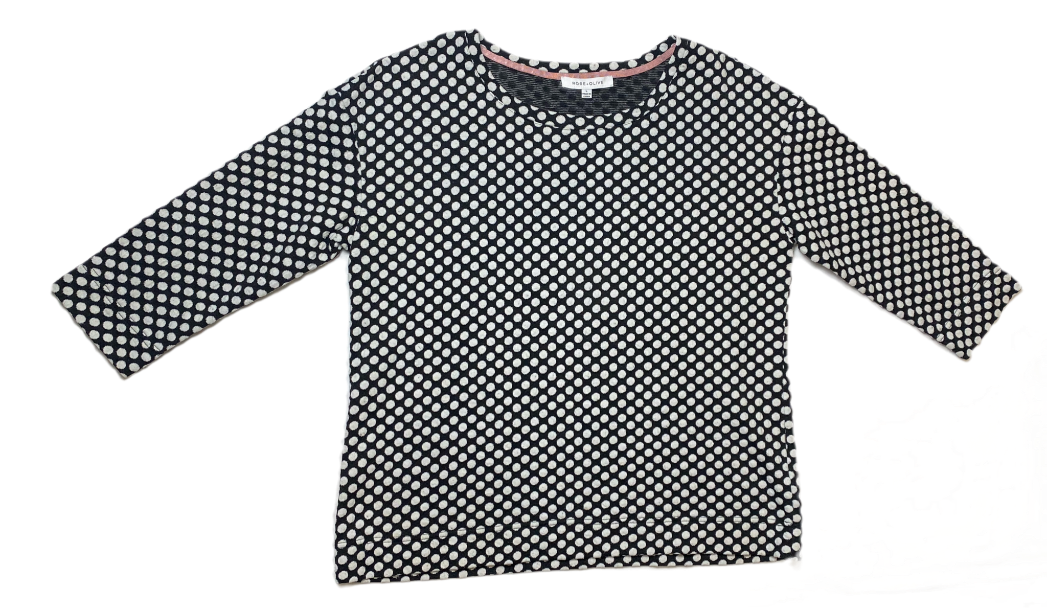 Rose + Olive Black and White Polka Dot Top Size Large Add some playful pattern to your wardrobe with the Rose + Olive Polka Dot Top. The black and white design is co