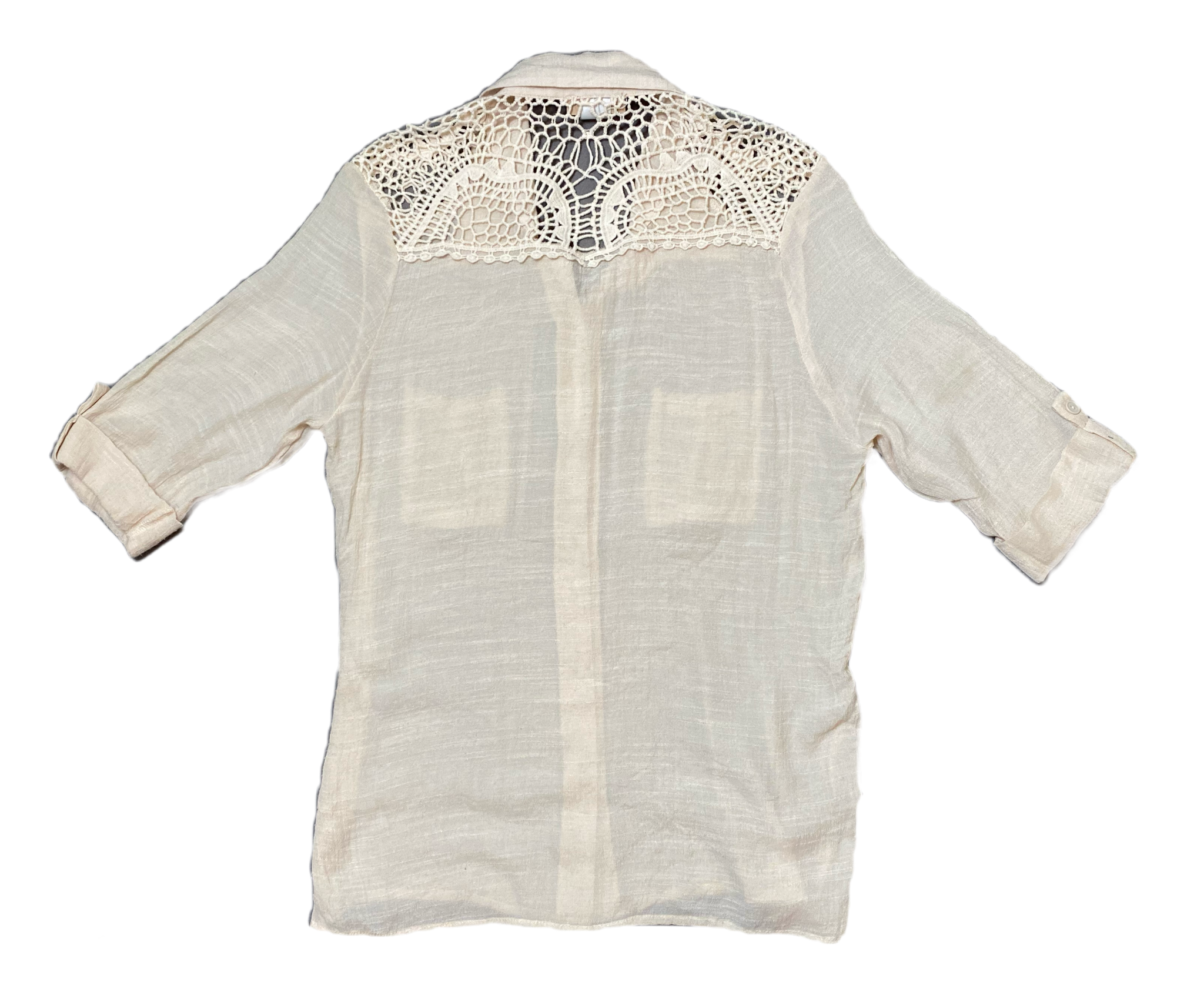 Lavish Cream Blouse with Crochet Accent.Lavish Cream button front blouse with crochet accent. Roll up sleeves and front pockets.