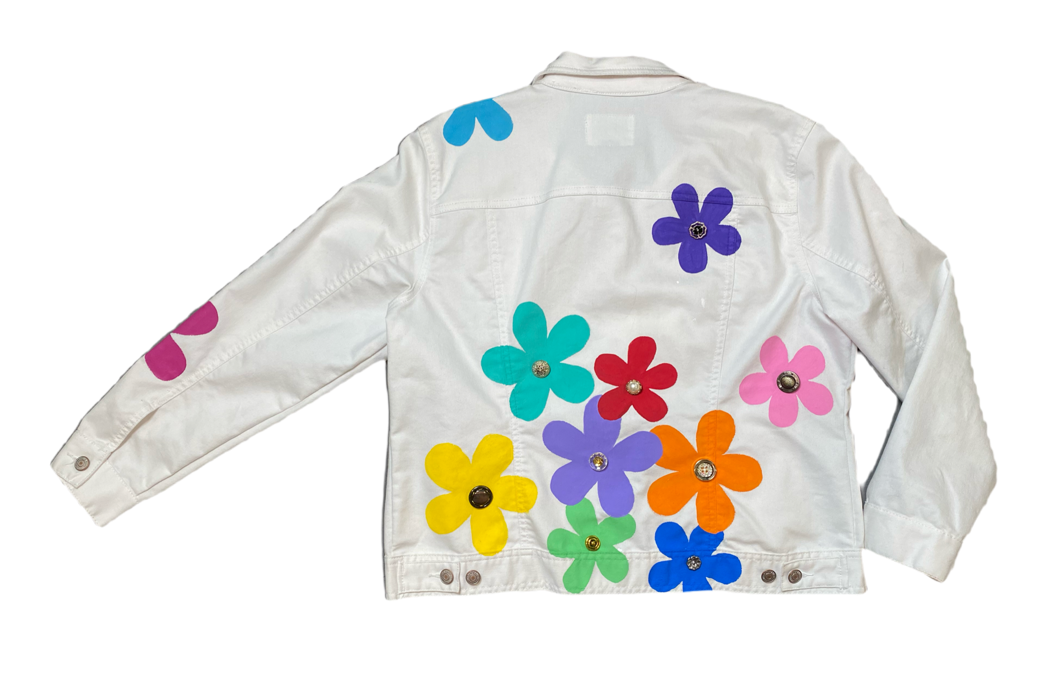 REFRESHED - Old Navy white denim jacket with hand painted flowers with buttons for the centers.  Such a cute jacket for any spring or summer outfit!  