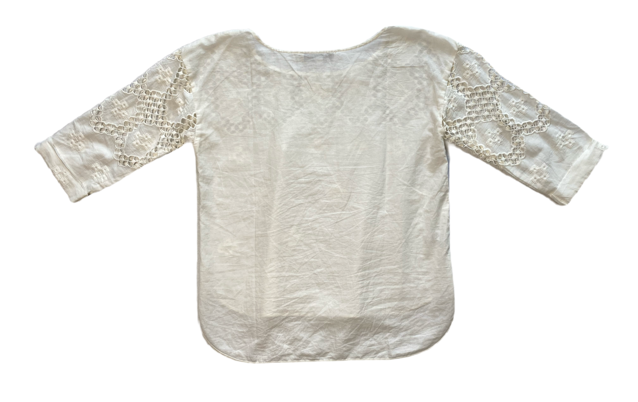 Loft Off White Top with Crochet Details  Elevate your style with this playful LOFT top. Featuring charming crochet details, 3/4 length sleeves, and a trendy shirttail he