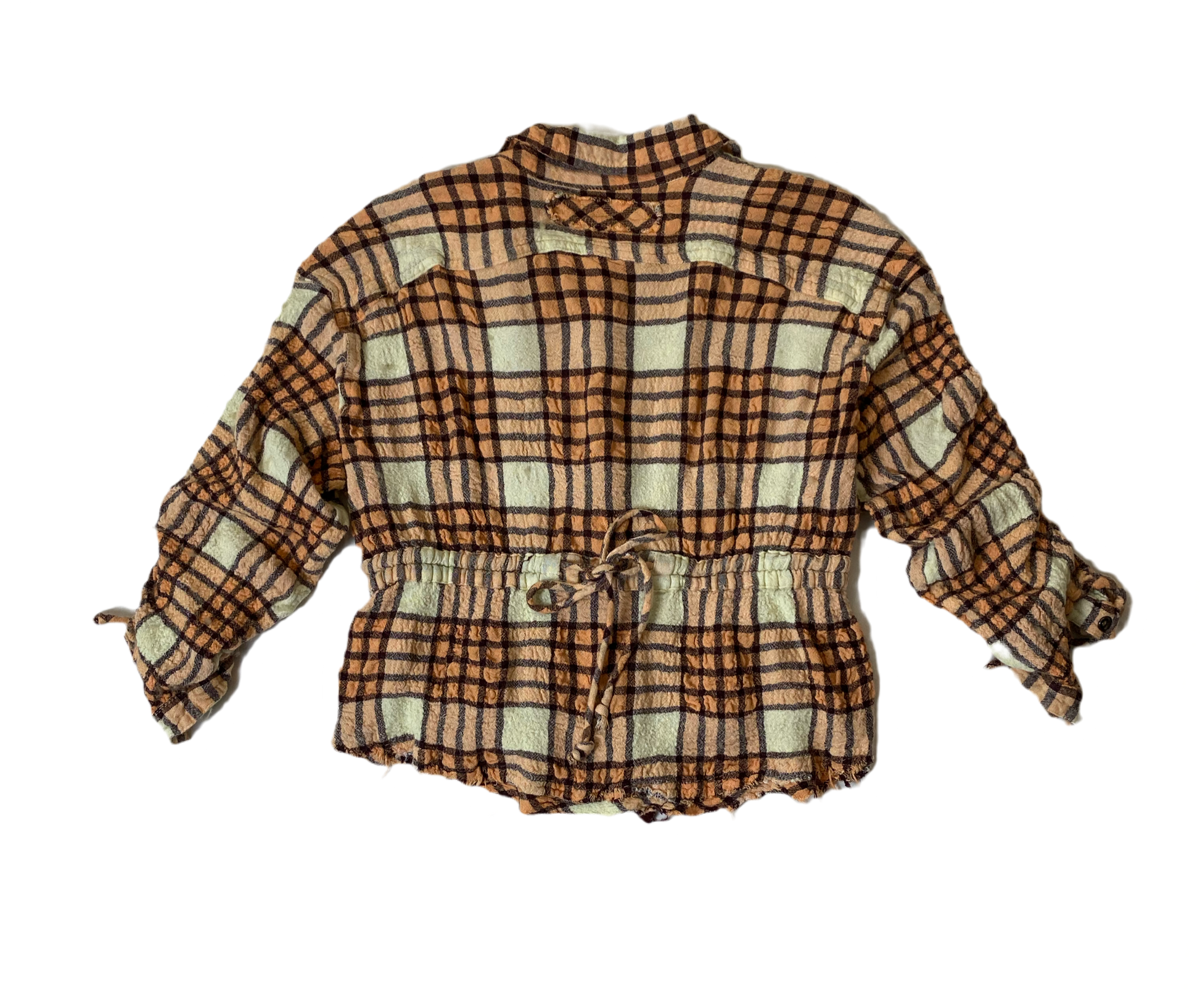 Free People Pacific Dawn Drawstring Plaid Shirt Free People Pacific Dawn drawstring waist plaid shirt with snap front and drawstring sleeve details.
