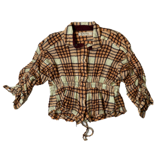 Free People Pacific Dawn Drawstring Plaid Shirt Free People Pacific Dawn drawstring waist plaid shirt with snap front and drawstring sleeve details.