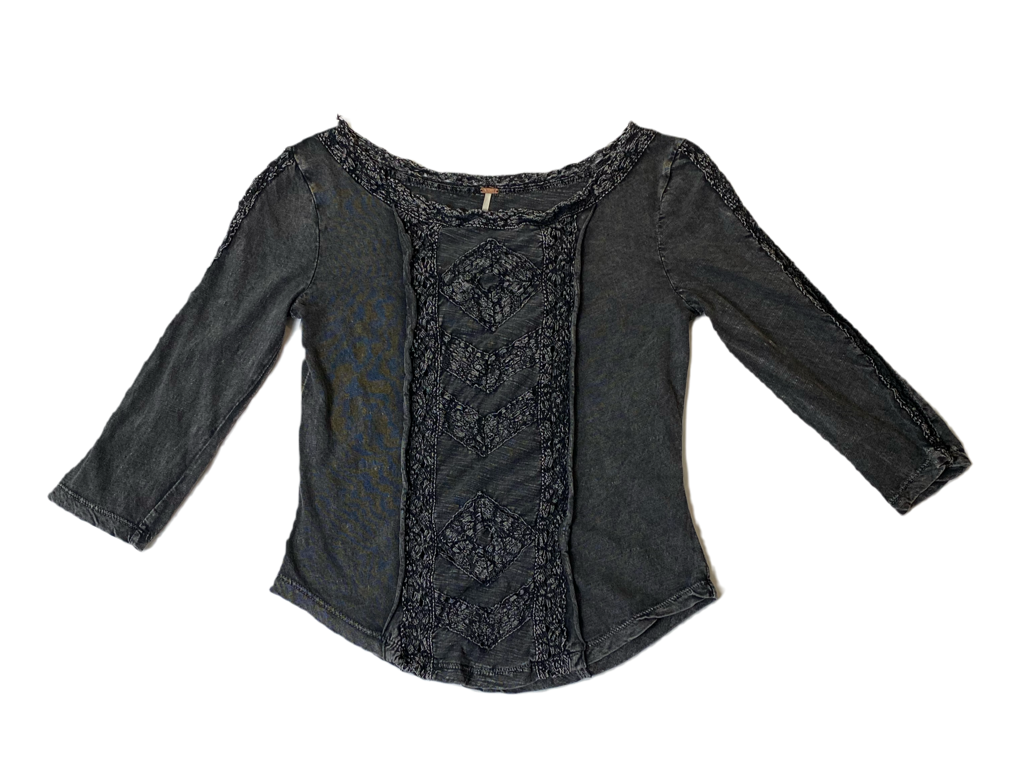 Free People Black Shirt with Lace Style DetailsFree People black shirt with lace style details on front and boat neck.