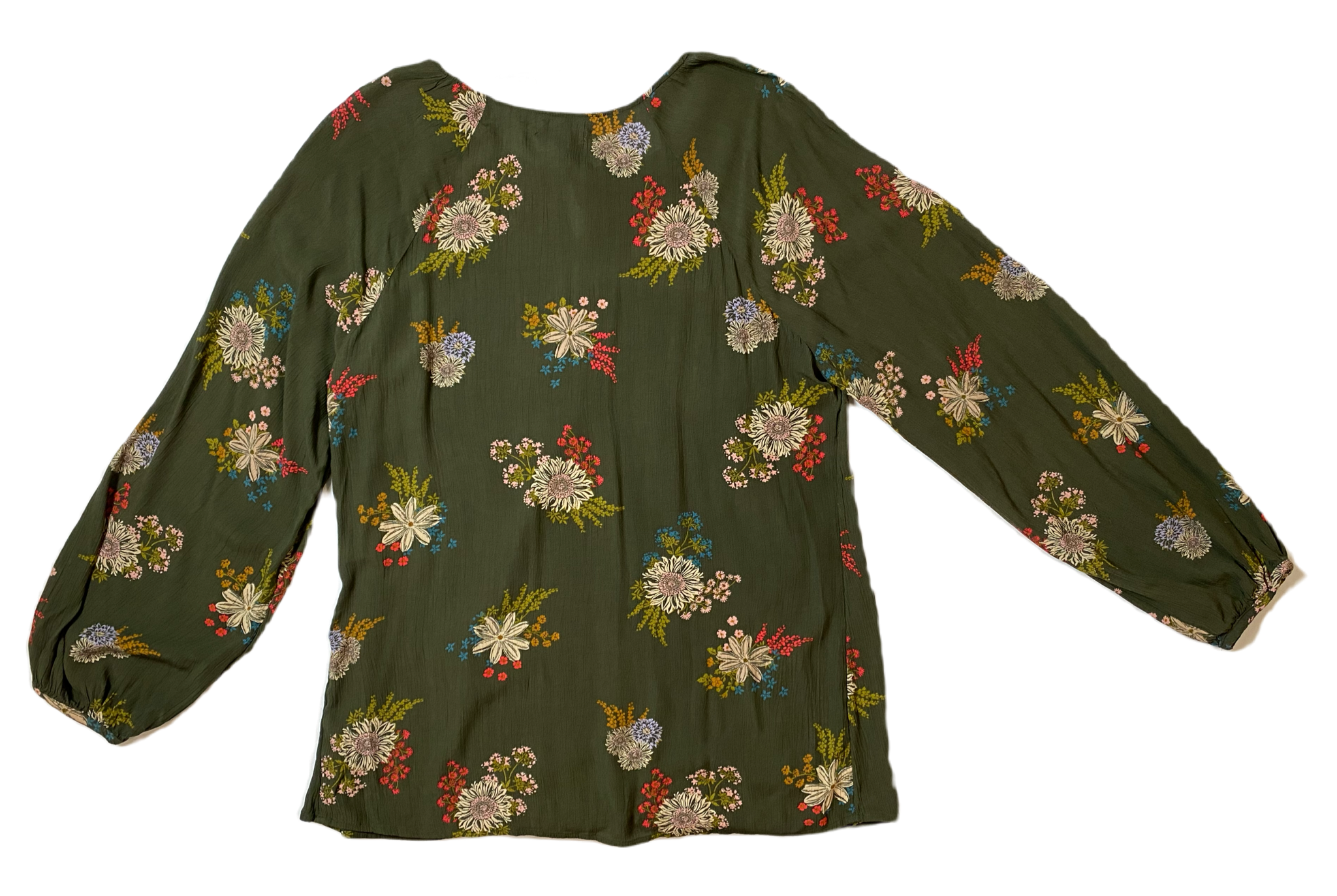 Sonoma Green Print Peasant Blouse Olive green peasant blouse with floral print, tie at neckline and elastic at cuffs.