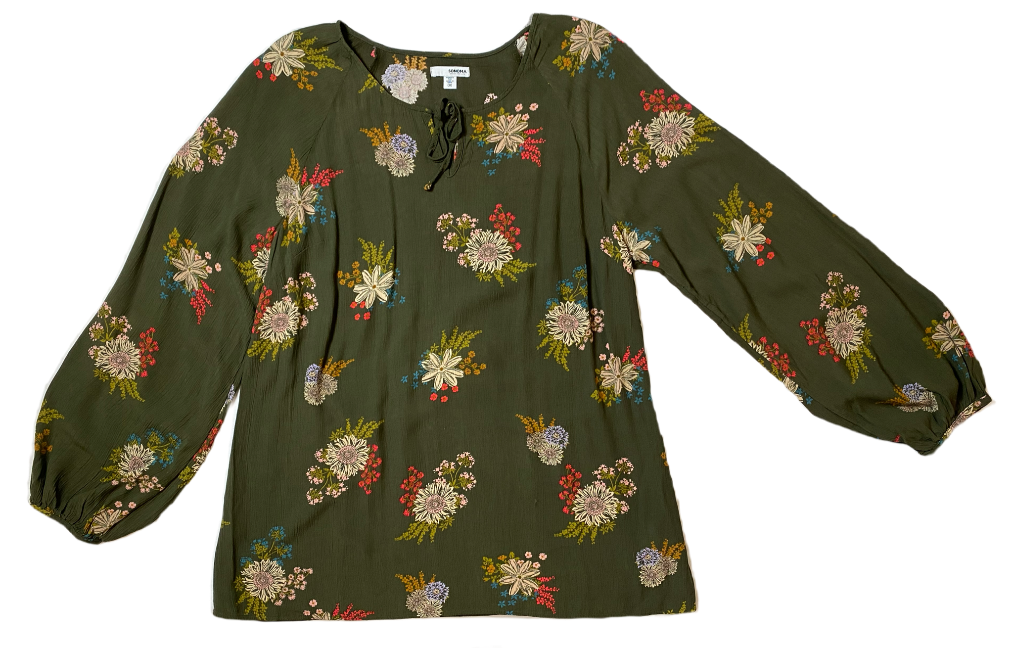 Sonoma Green Print Peasant Blouse Olive green peasant blouse with floral print, tie at neckline and elastic at cuffs.