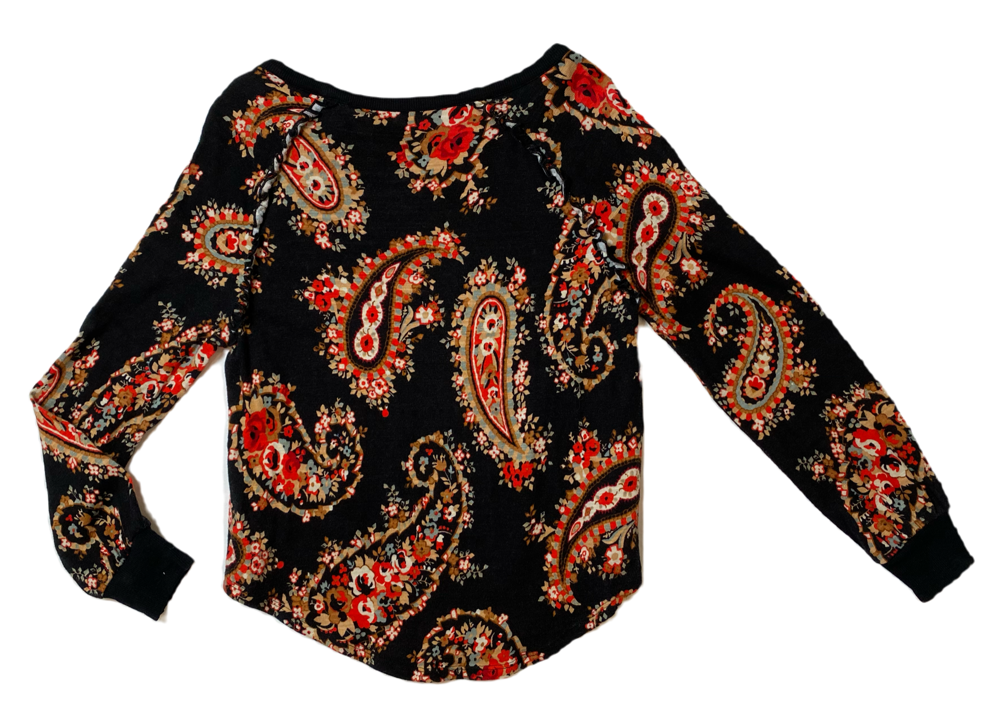 Loft Outlet Paisley Print Knit TopBlack knit top with red, cream and green paisley print. Long sleeves with banded cuff. Added little ruffle detail at the arm seam.