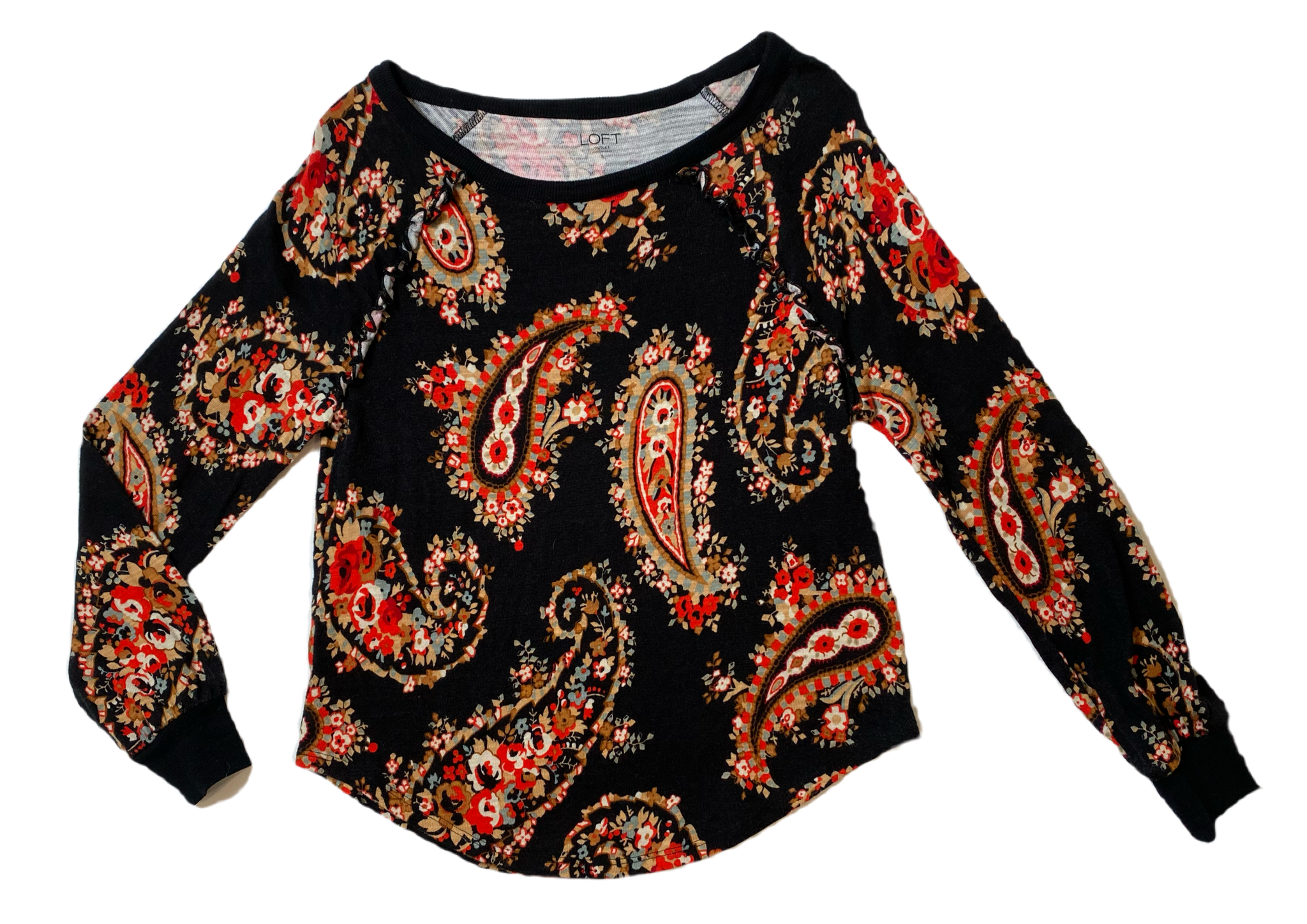 Loft Outlet Paisley Print Knit TopBlack knit top with red, cream and green paisley print. Long sleeves with banded cuff. Added little ruffle detail at the arm seam.