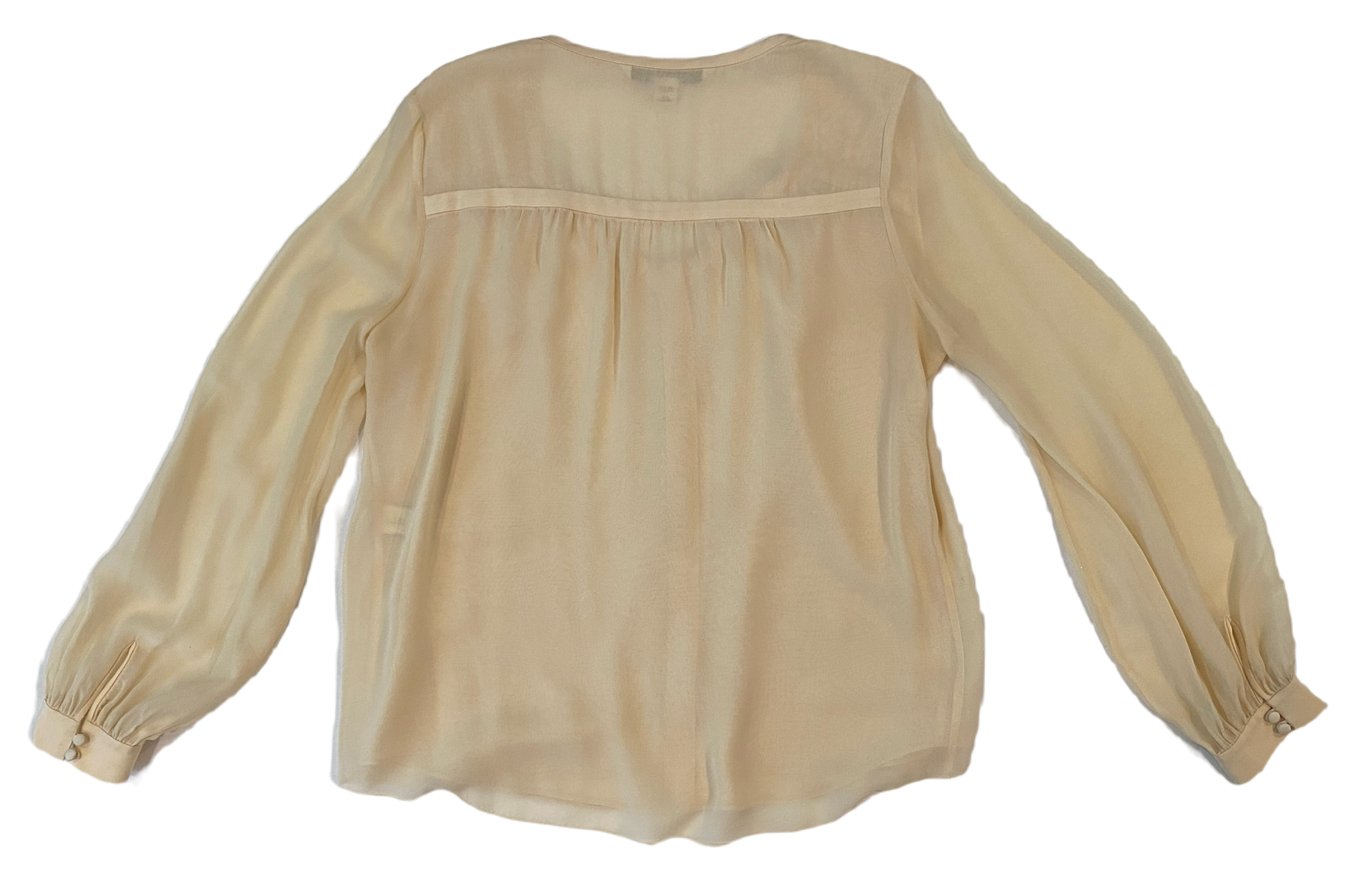 Diane Von Furstenberg Long Sleeve Silk Cream BlouseDVF sheer silk lined cream blouse with long sleeves and band detail at neck line. Hidden button front and button cuffs. 
This timeless blouse can easily be dressed u