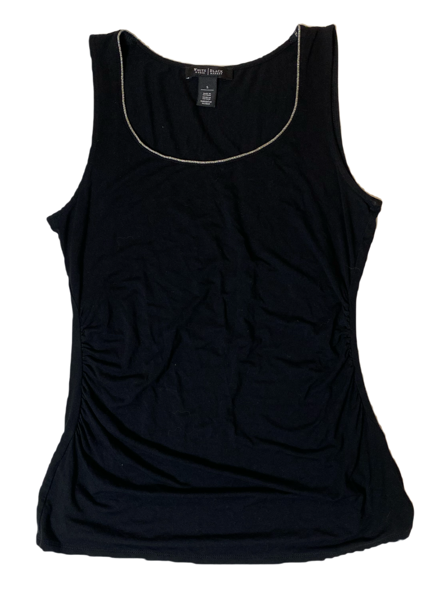 White House Black Market Black Jersey Tank Top with Beaded NecklineWHBM black jersey tank top with gathered sides and beaded neckline.
This cute top will quickly become a "go to" in your closet!!