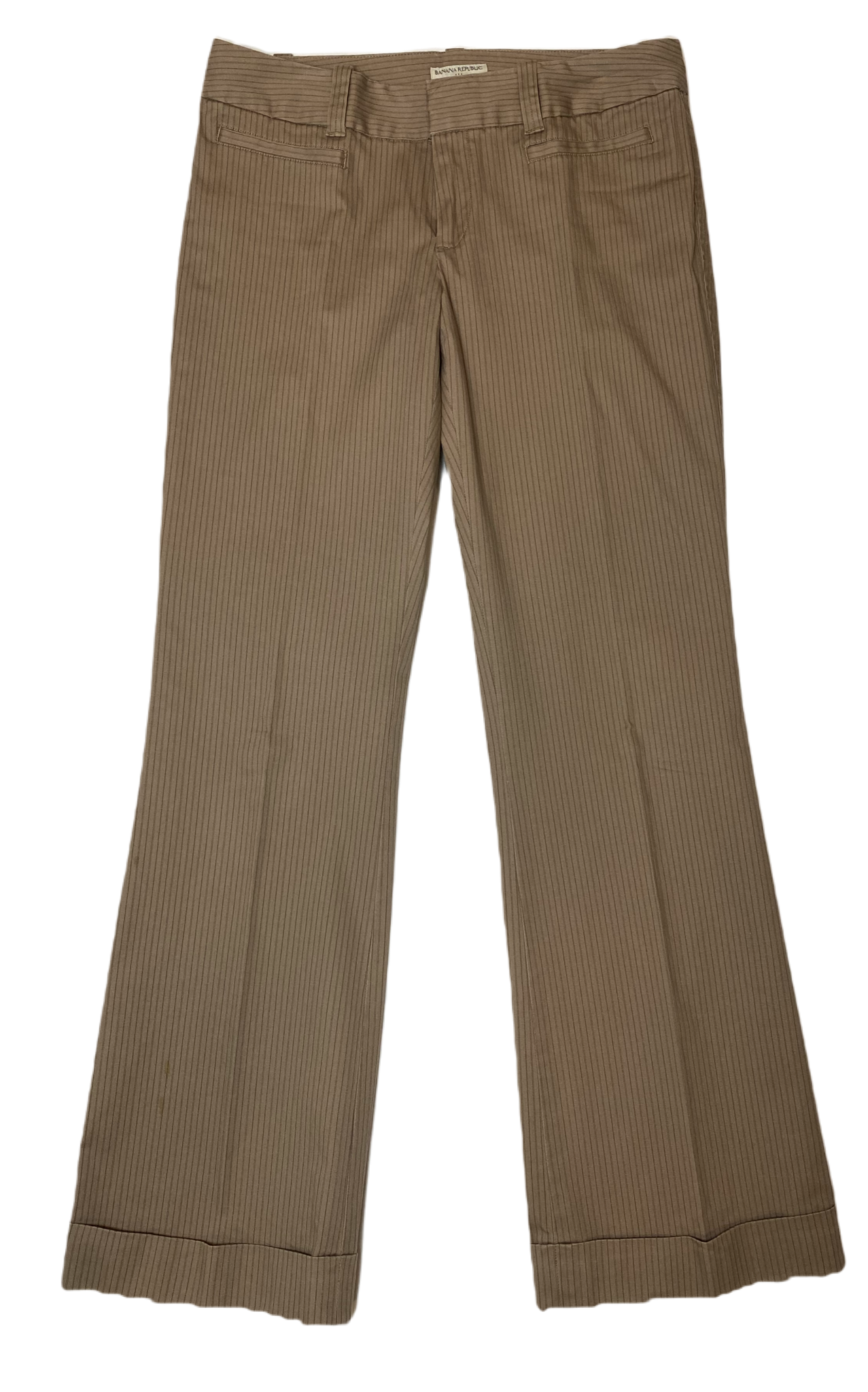 Banana Republic Tan Striped Pant Tan pant with thin brown stripes. Slit front and back pockets, wide leg and cuffed hem.