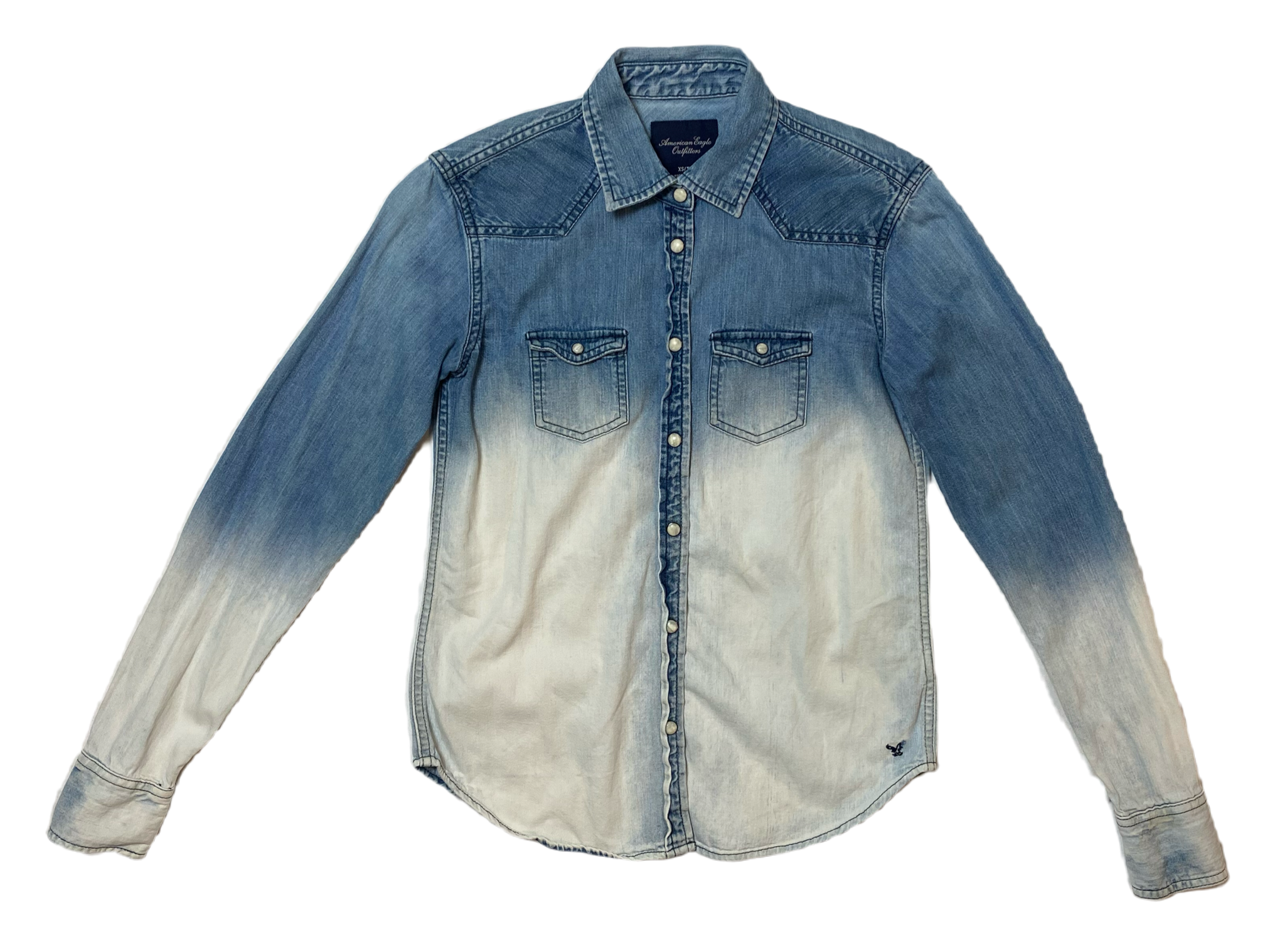 American Eagle Ombre Bleached Denim Shirt Long sleeve, ombre bleached, pearl snap front shirt.
 