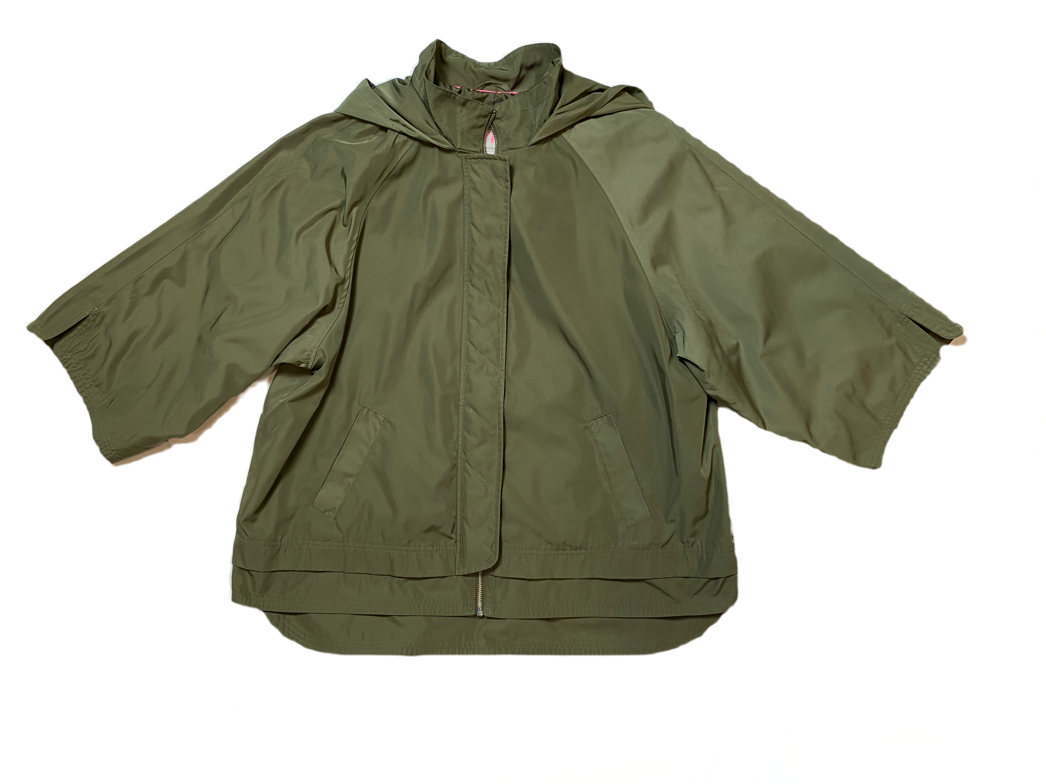 Isaac Mizrahi Live! Women's SOHO Hooded Olive Green Rain Jacket This rain jacket has such great styling. Along with a hood and pockets, it zips &amp; snaps up the front to ensure keeping the chill out.