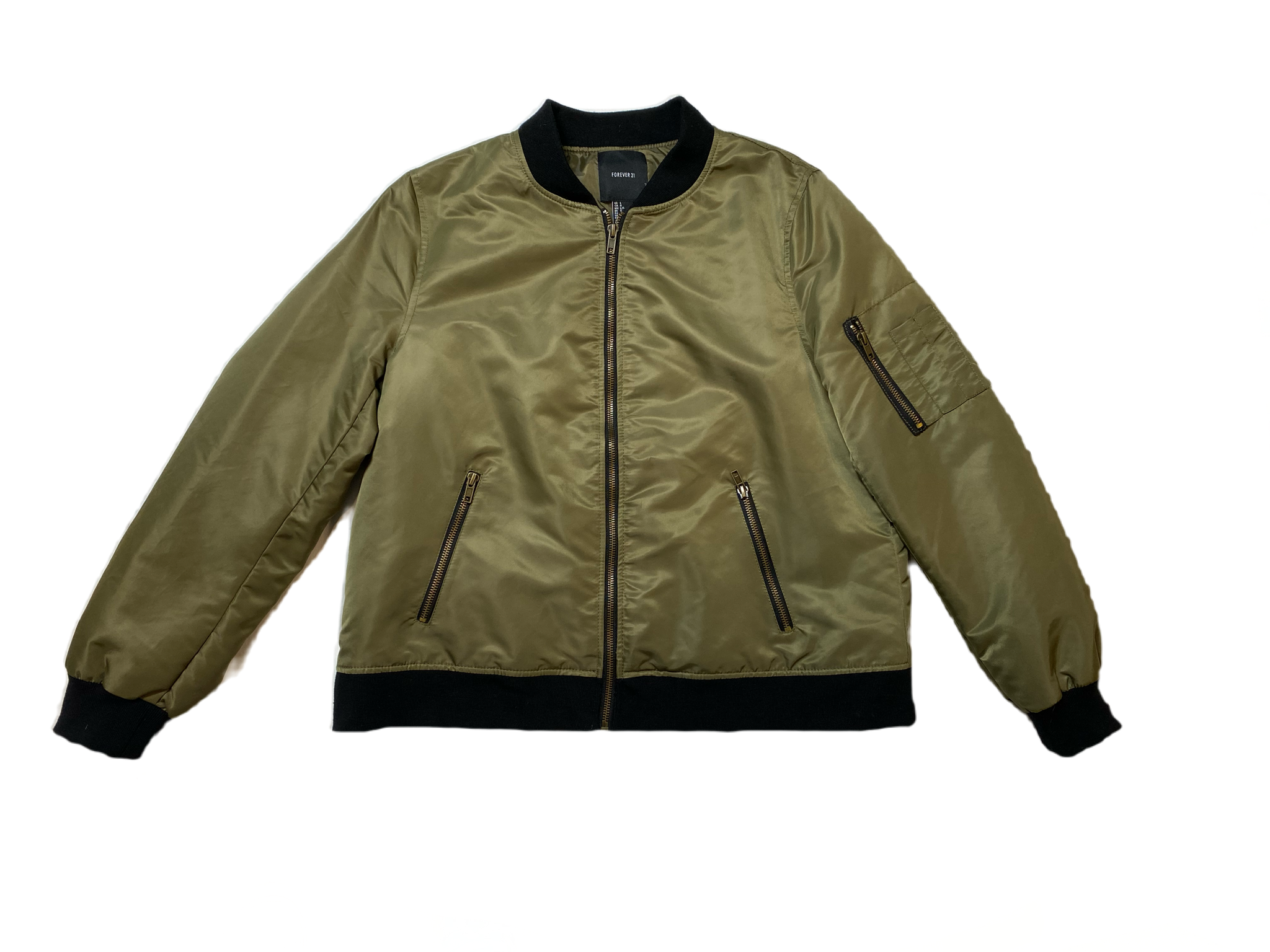 Forever 21 Olive Green Bomber JacketGreat looking green zip front bomber jacket with black accents and zip pockets. Stay warm and look stylish at the same time!Forever 21 Olive Green Bomber JacketJacket