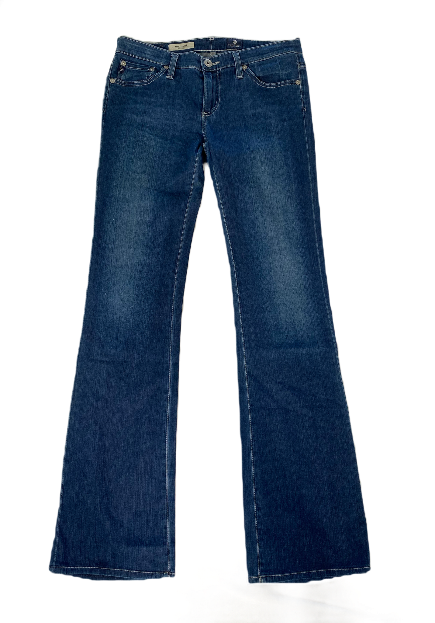 AG - Adriano Goldschmied The Angel Boot Cut Jeans Size 27R A dark-yet-bright indigo wash adds everyday sophistication to low-rise, full-length bootcut jeans made fro