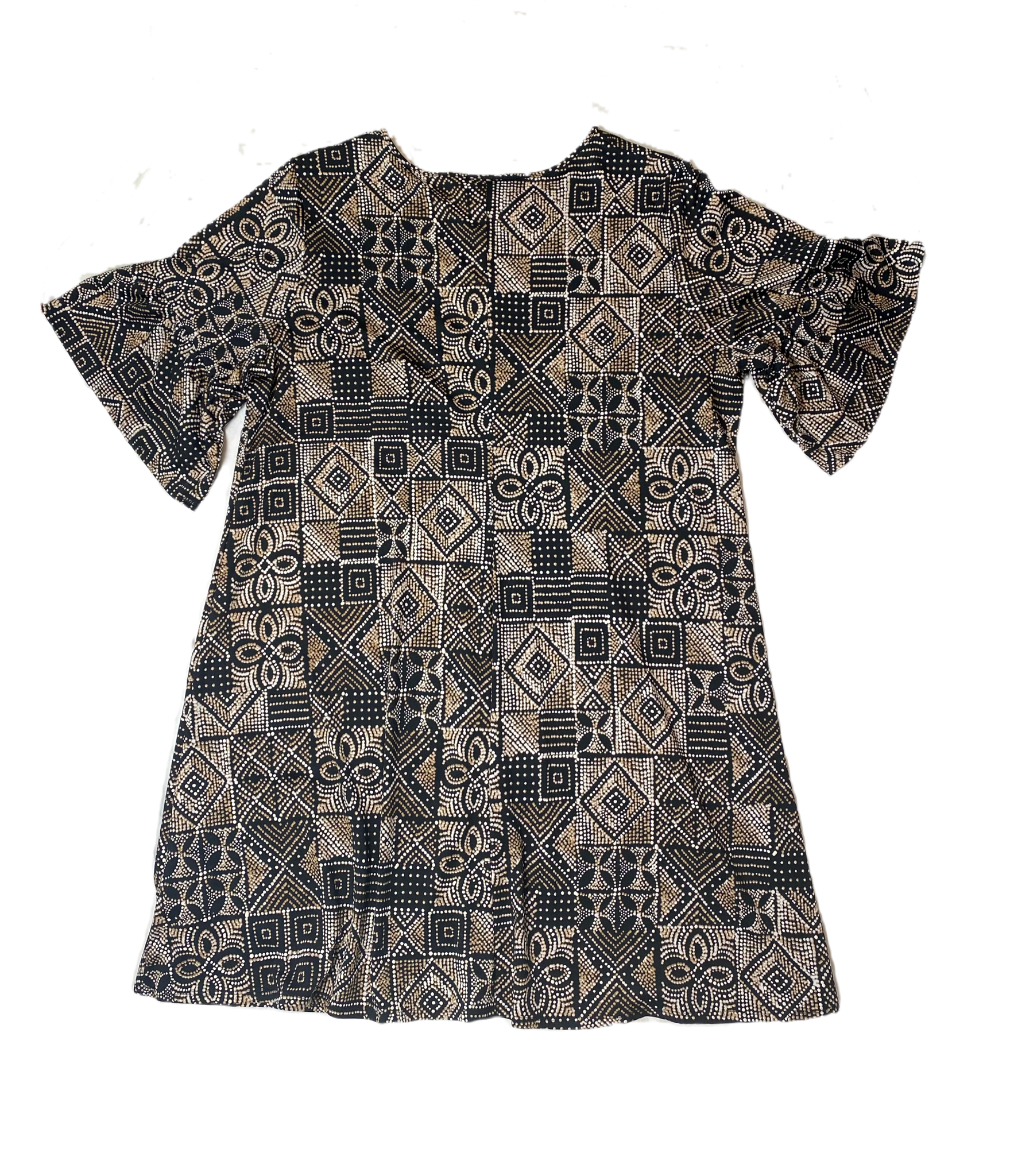 Ruby Rd Short Bell Sleeve Tiki Print Dress Size 1X  Turn heads in this Ruby Rd. A-line dress with playful bell sleeves and a bold tiki print in brown, black, and whi