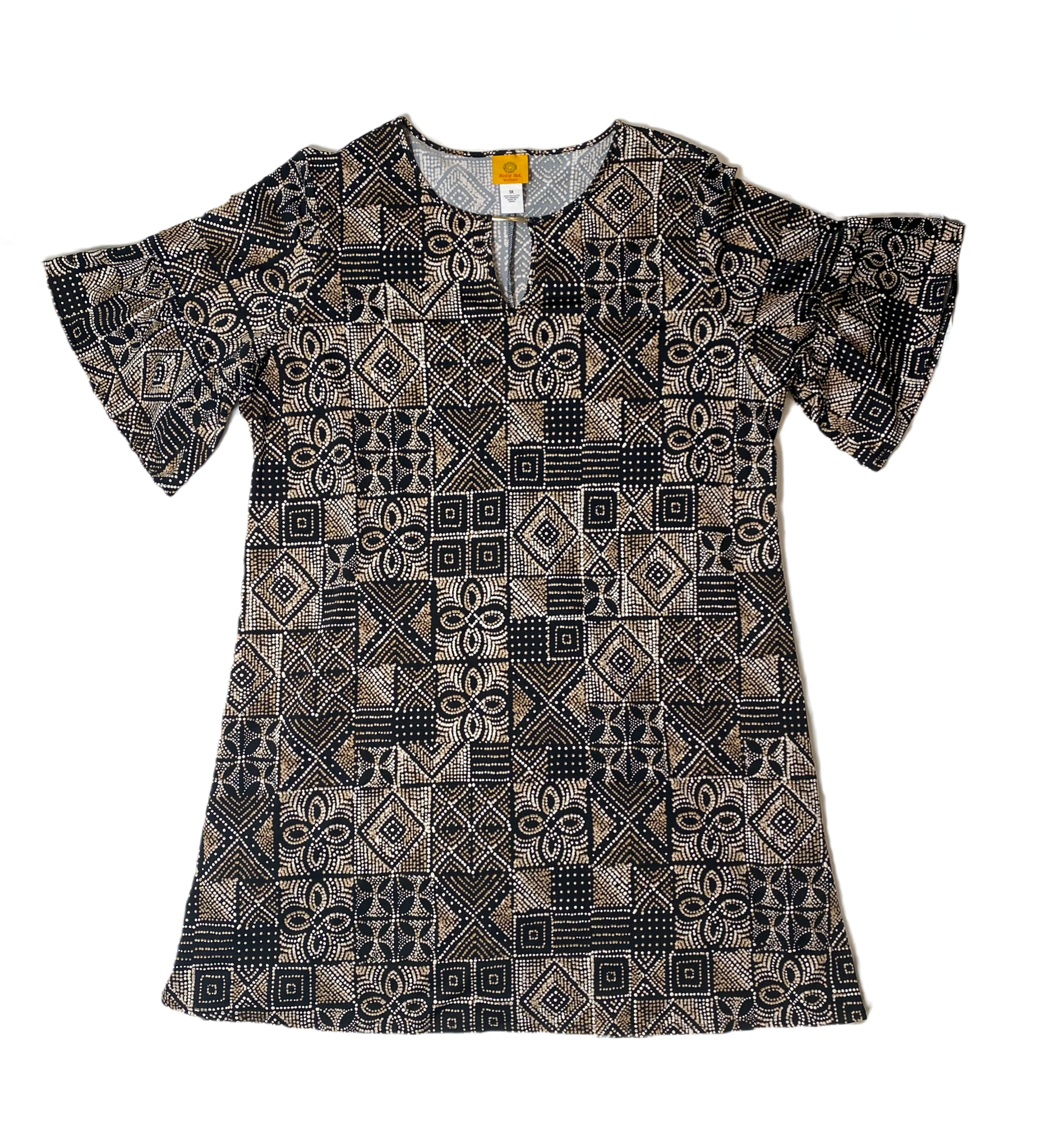 Ruby Rd Short Bell Sleeve Tiki Print Dress Size 1X  Turn heads in this Ruby Rd. A-line dress with playful bell sleeves and a bold tiki print in brown, black, and whi