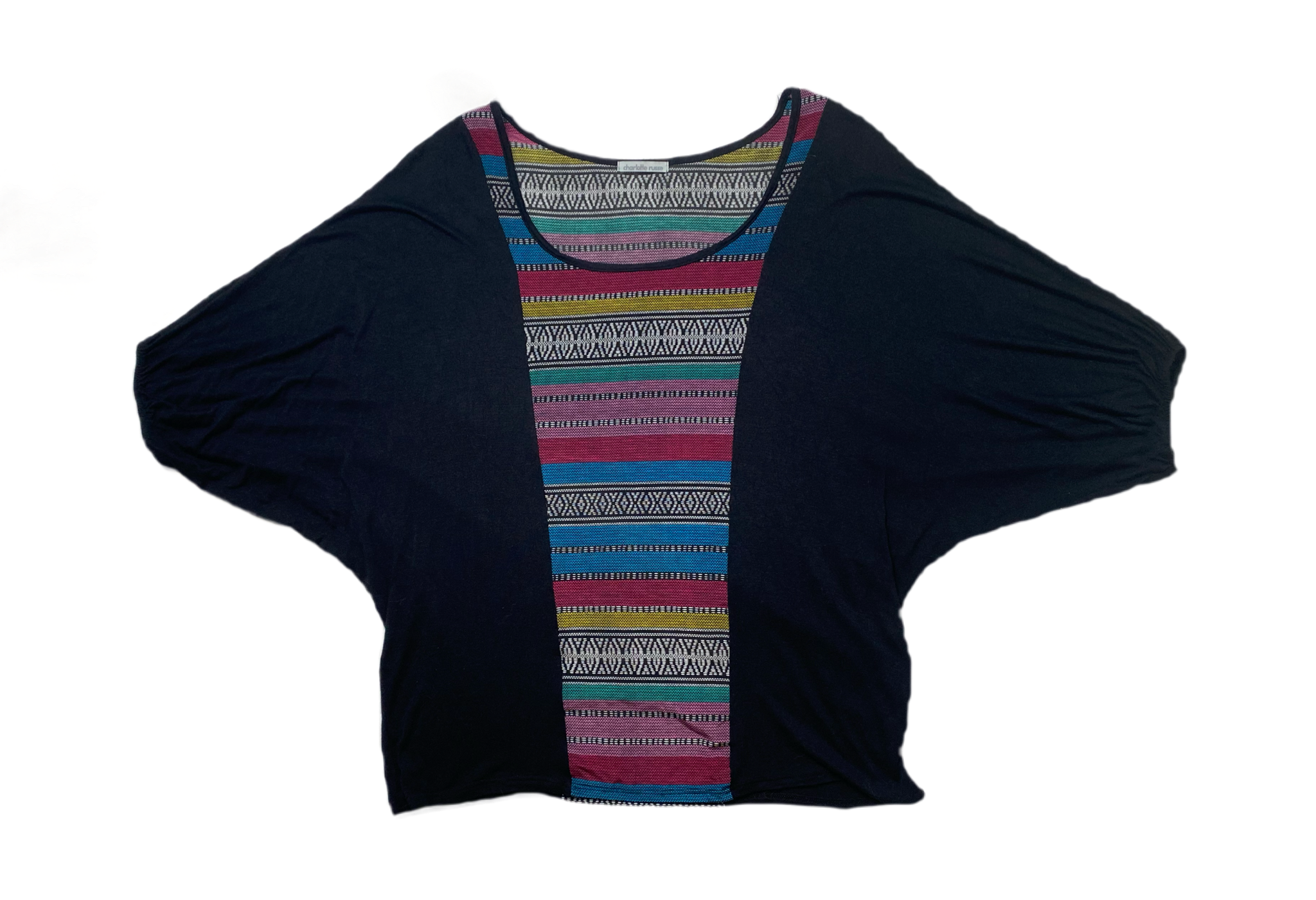 Charlotte Russe Printed Dolman Sleeve ShirtCharlotte Russe multi color printed center front and back shirt with dolman sleeves.