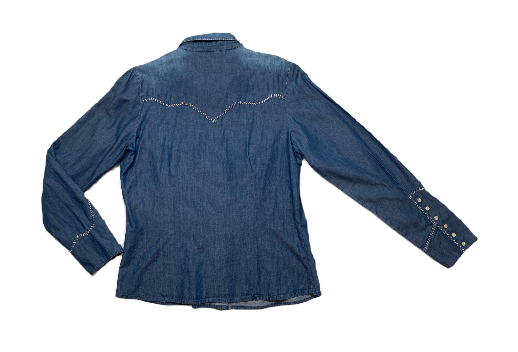 Scully Blue Denim Western Shirt Scully blue denim western shirt with pearl like snap details.