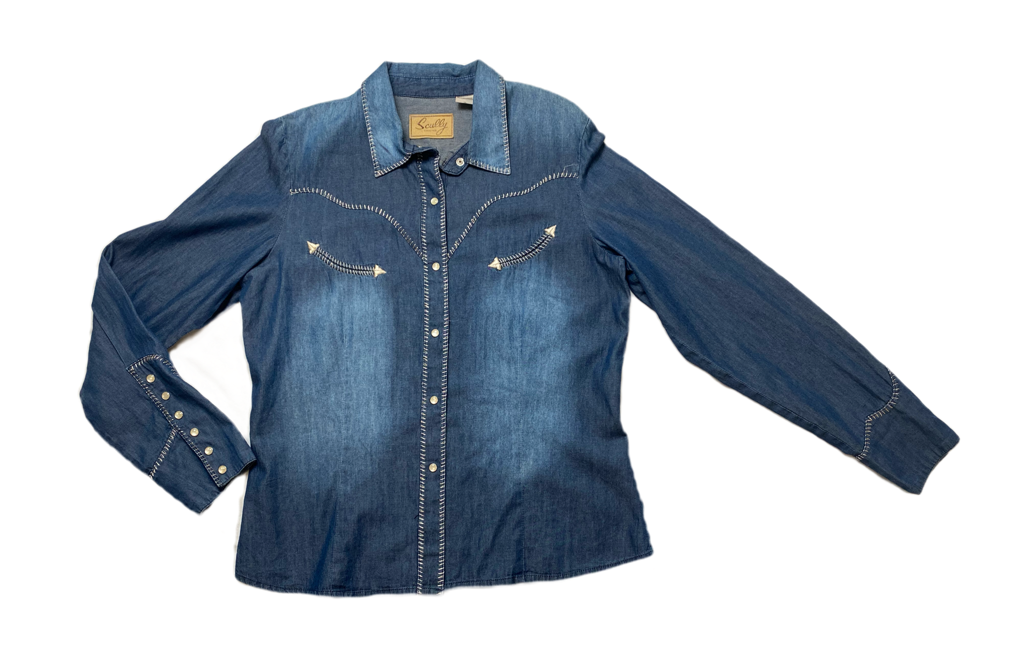 Scully Blue Denim Western Shirt Scully blue denim western shirt with pearl like snap details.