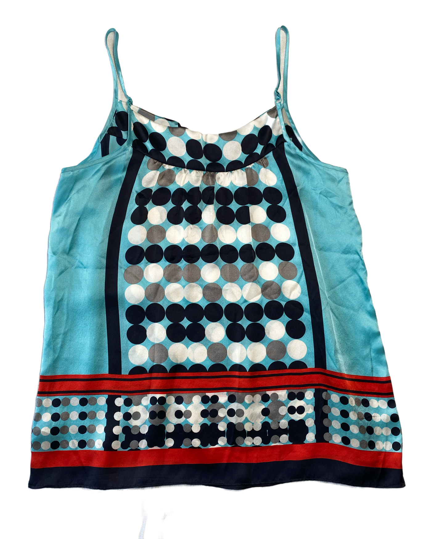 CAbi Aqua Silk Tank with Black & White DotsSuch a cool tank!  It has a draped neckline and adjustable straps. And it's silky soft!  Dress it up or down, you will love it either way!
 