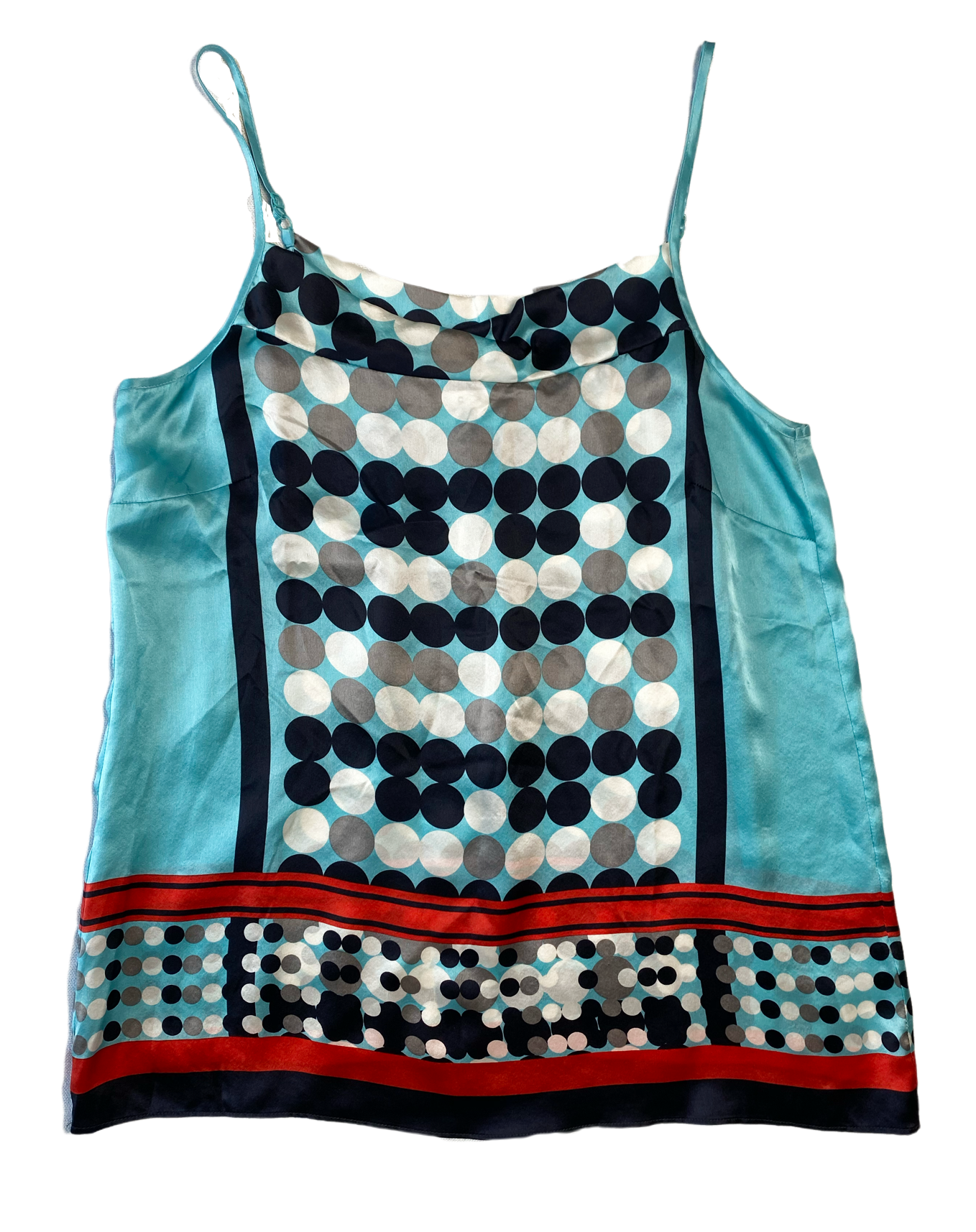 CAbi Aqua Silk Tank with Black & White DotsSuch a cool tank!  It has a draped neckline and adjustable straps. And it's silky soft!  Dress it up or down, you will love it either way!
 