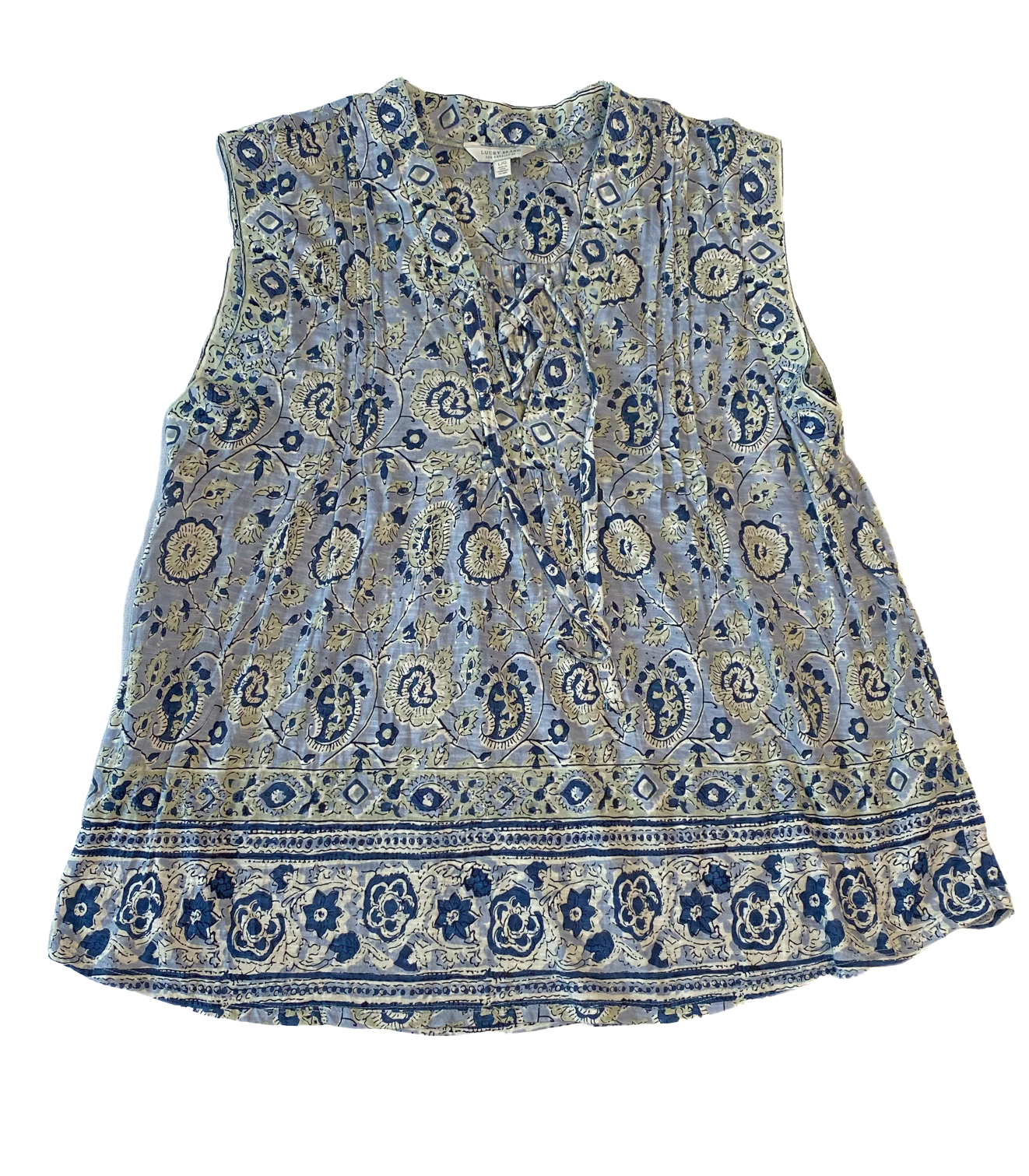 Lucky Brand Sleeveless Lace-up Print Top  Size L  Experience effortless style with the Lucky Brand Sleeveless Lace-up Print Top. The beautiful blue and green print w