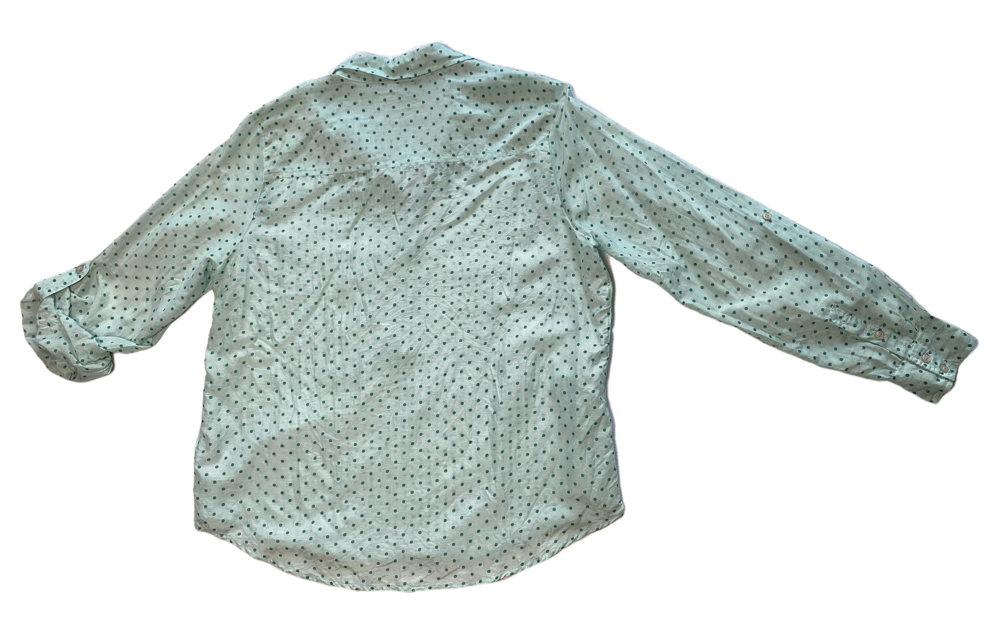 ellen amber Silk Blend Blouse with half-placket button up.Lovely mint-green blouse with polka-dots and button-front