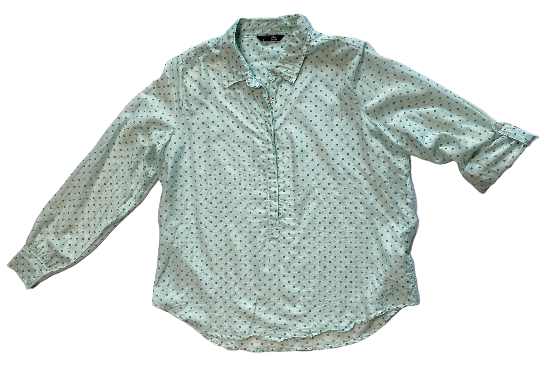 ellen amber Silk Blend Blouse with half-placket button up.Lovely mint-green blouse with polka-dots and button-front