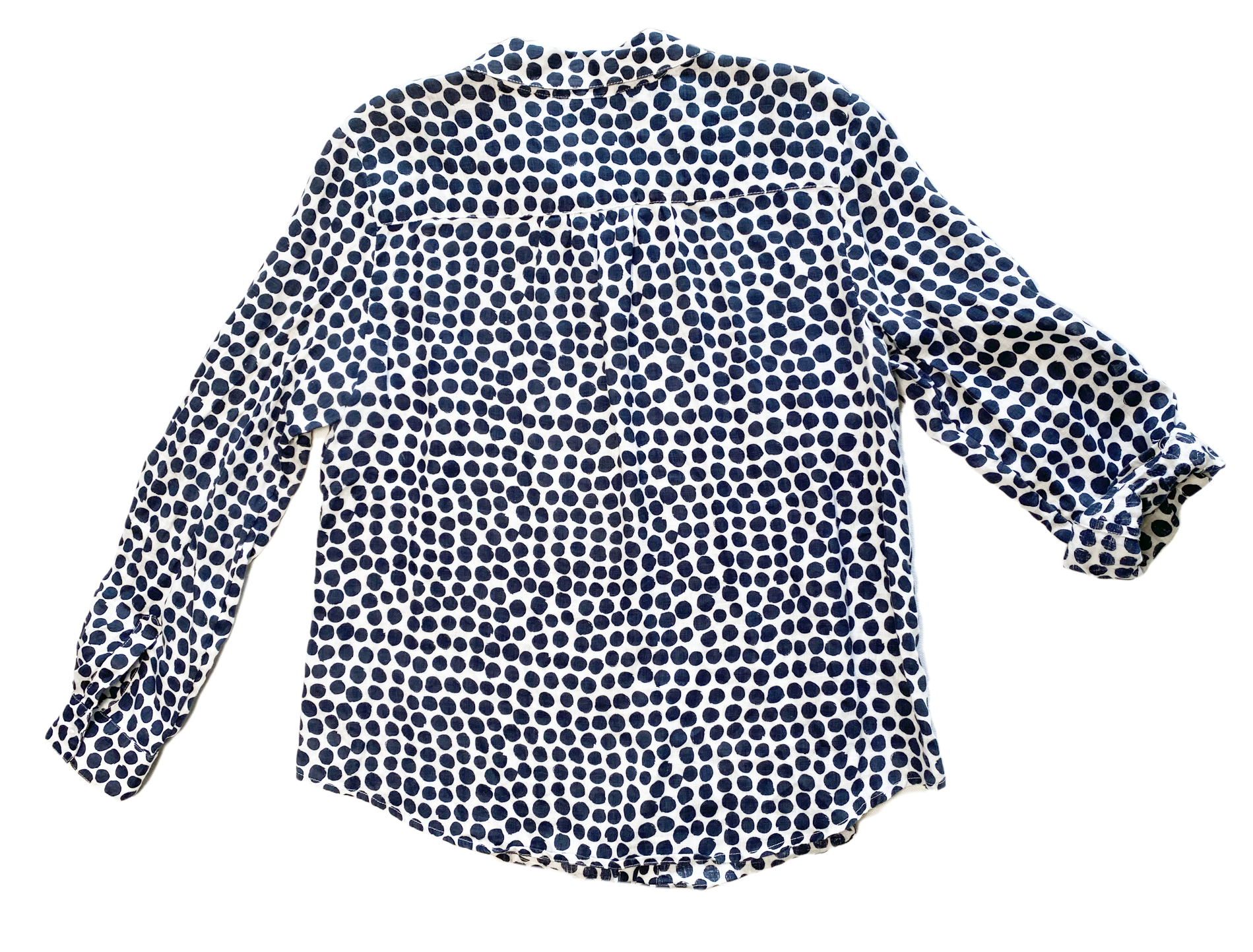 Charter Club White Linen Blouse with Navy Polka DotsPerfect Linen blouse to throw over a T-shirt and Jeans, or maybe a sundress!