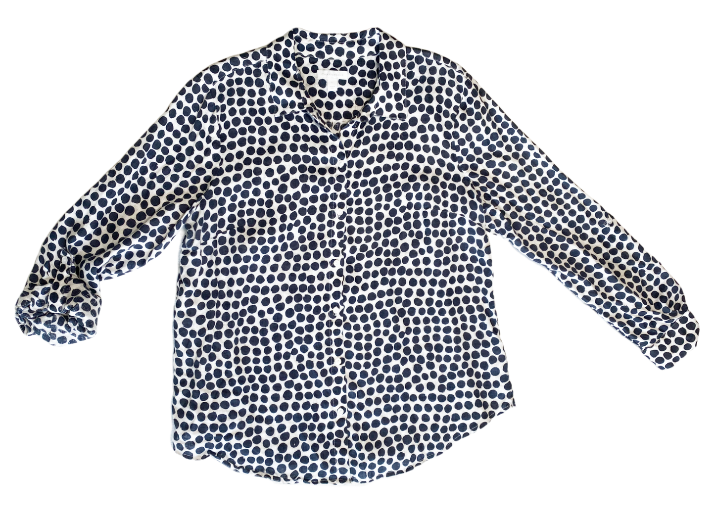 Charter Club White Linen Blouse with Navy Polka DotsPerfect Linen blouse to throw over a T-shirt and Jeans, or maybe a sundress!