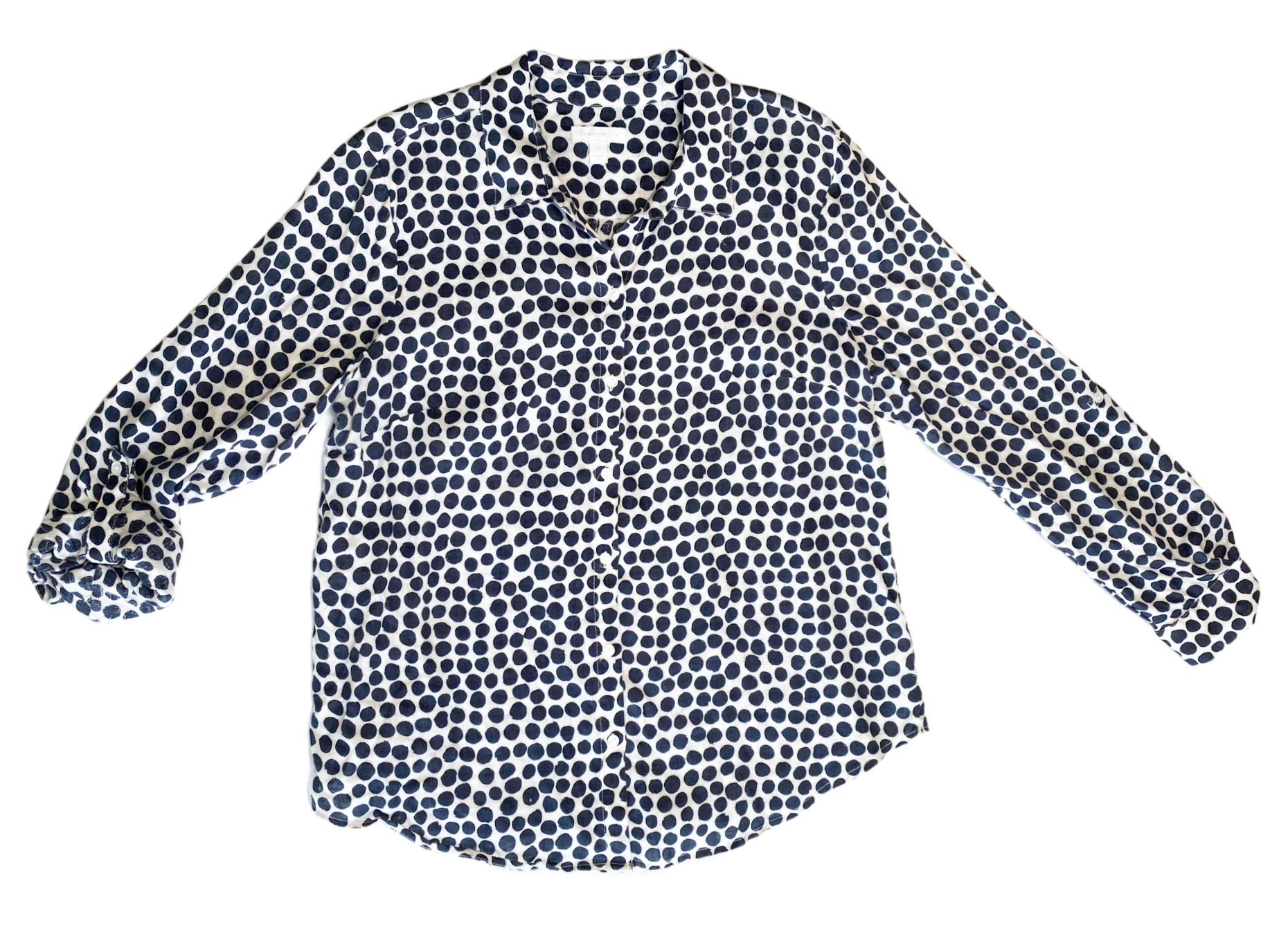 Charter Club White Linen Blouse with Navy Polka DotsPerfect Linen blouse to throw over a T-shirt and Jeans, or maybe a sundress!