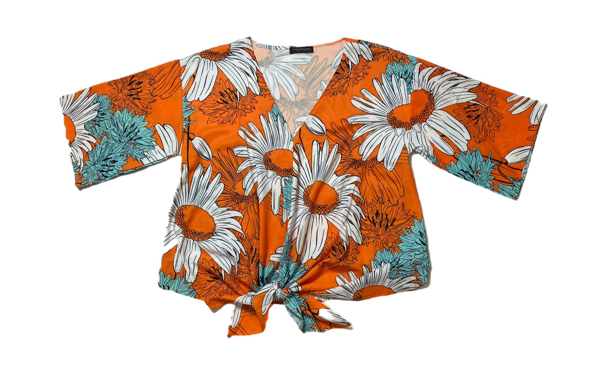 Suvimuga Orange Floral Print Blouse 
Suvimuga orange tie front blouse with floral print.