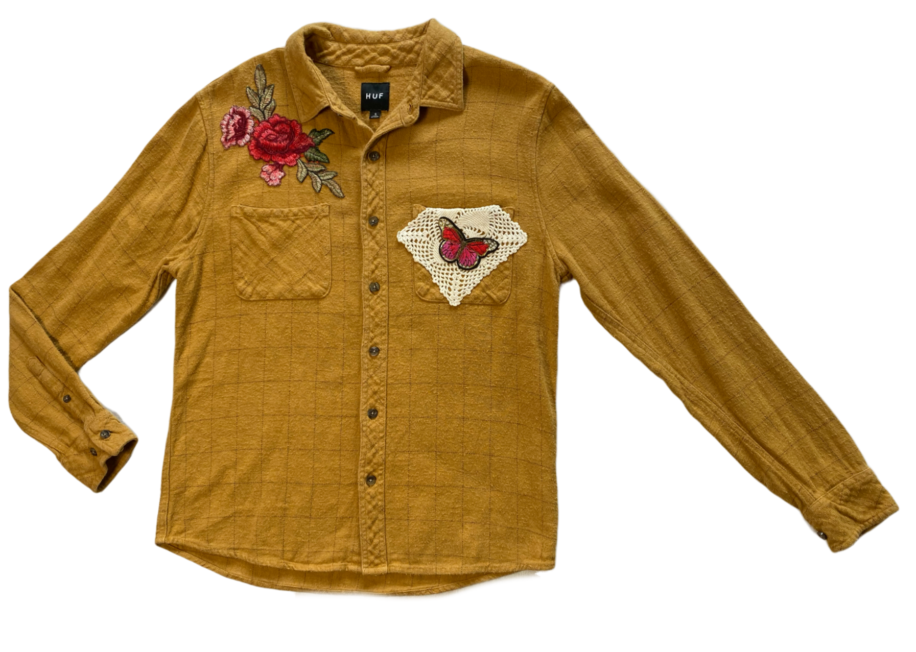 REFRESHED - Mustard HUF Flannel with Vintage Crochet Lace, Floral and  Refreshed - Awesome Flannel with Vintage Crochet, Floral and Butterfly appliques.