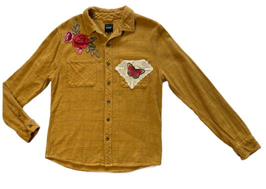 REFRESHED - Mustard HUF Flannel with Vintage Crochet Lace, Floral and  Refreshed - Awesome Flannel with Vintage Crochet, Floral and Butterfly appliques.