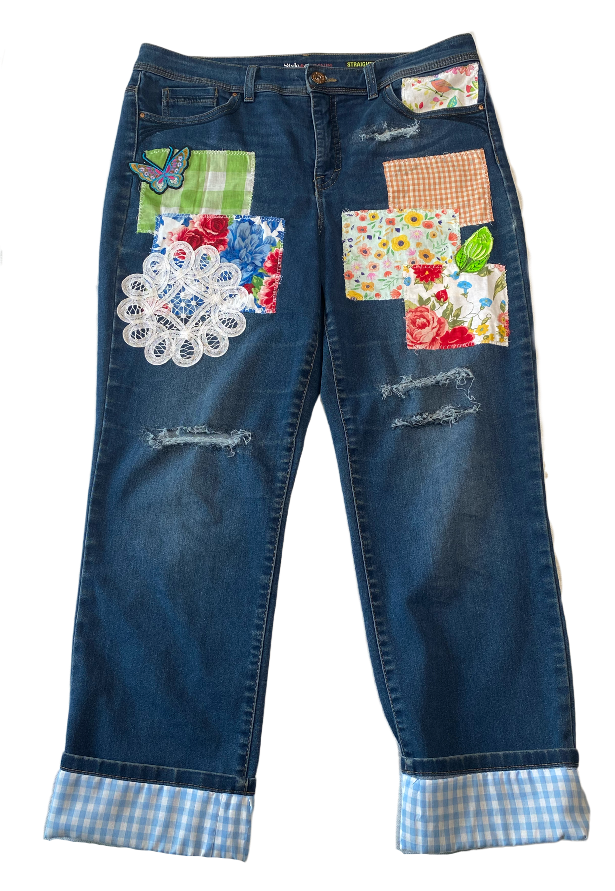 REFRESHED - Style & Co Straight Leg Denim Jeans, Distressed and Patche Refreshed - Gingham and Lace rule this great pair of customized jeans