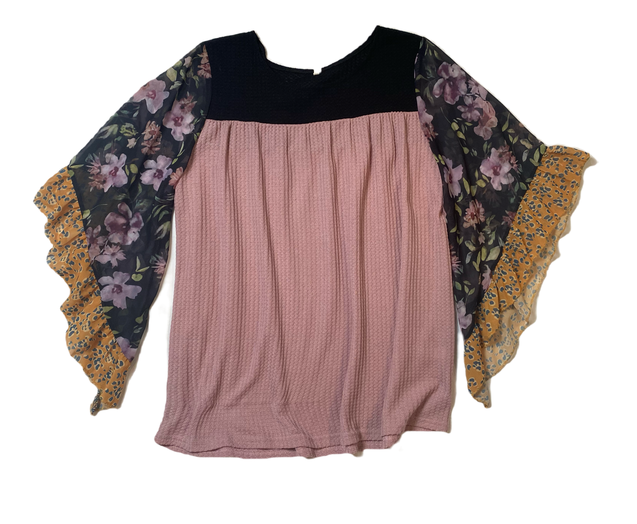 UnmarkedMauve and black shirt with multi colored flowy printed sleeves.
What a great shirt to transition into Fall with!! Pair with leggings or jeans.Womens TopsMauve Shirt with Flowy Printed SleevesFlowy Printed Sleeves