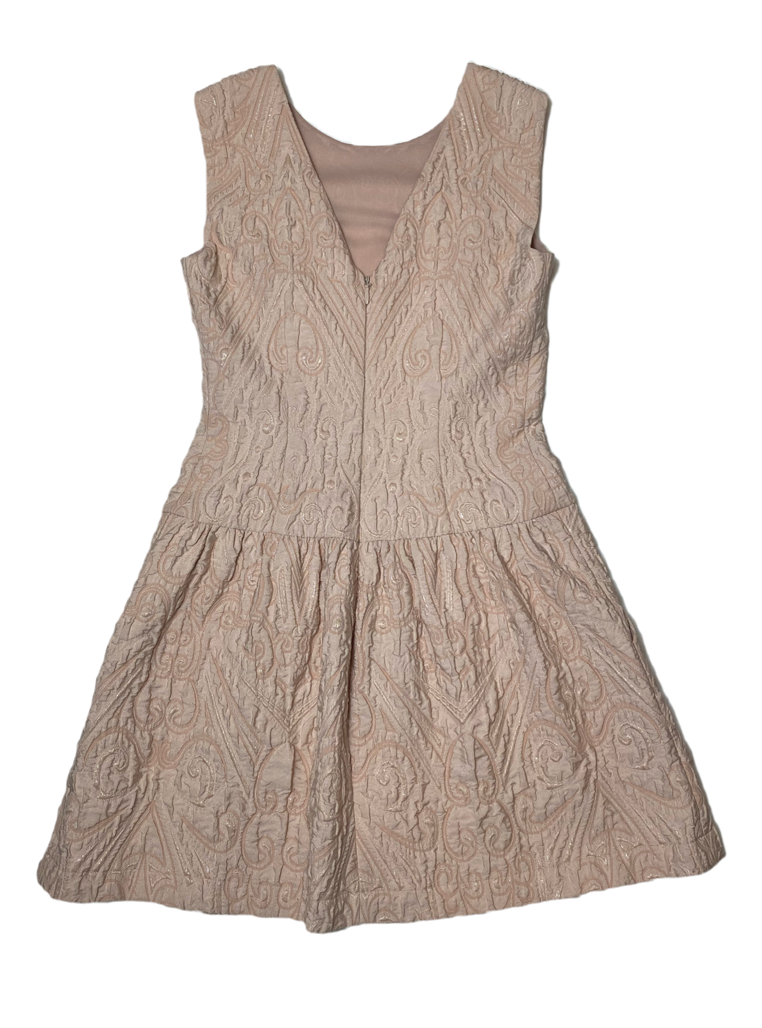 BCBG Maxazria Sleeveless Blush Jacquard Dress  Exude elegance and sophistication in the BCBG Maxazria Sleeveless Blush Jacquard Dress. The intricate blush jacquard d